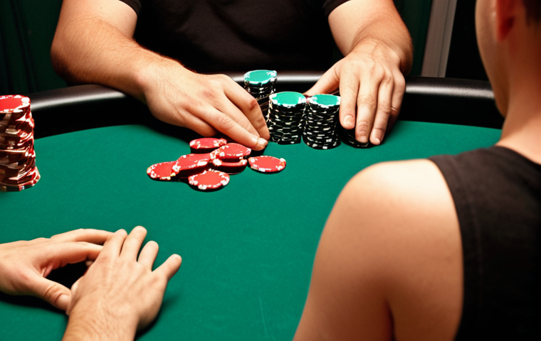 **Image Prompt:** A lively poker table scene. Focus on subtle body language "tells": a shaky hand reaching for chips, a quick darting eye, a tense shoulder. Emphasize a competitive yet slightly humorous atmosphere, reflecting the tension of reading opponents.