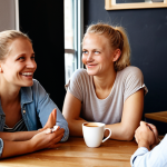 **

A close-up shot of a diverse group of people in a "fika" setting (coffee break). Focus on their facial expressions and body language: some are smiling genuinely (eyes crinkling), others look thoughtful, and one person has subtly crossed arms. The background should be a cozy, modern Swedish cafe. The prompt should emphasize capturing the nuances of non-verbal communication during a casual social interaction. Capture the "mysigt" (cozy) Swedish vibe.

**