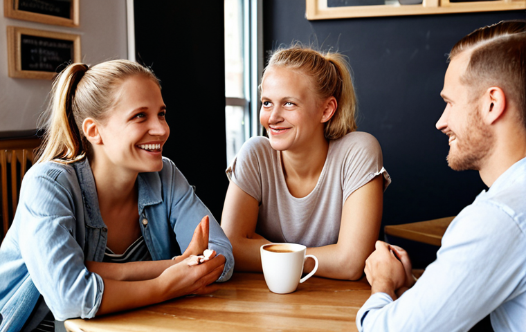 **

A close-up shot of a diverse group of people in a "fika" setting (coffee break). Focus on their facial expressions and body language: some are smiling genuinely (eyes crinkling), others look thoughtful, and one person has subtly crossed arms. The background should be a cozy, modern Swedish cafe. The prompt should emphasize capturing the nuances of non-verbal communication during a casual social interaction. Capture the "mysigt" (cozy) Swedish vibe.

**