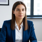 A professional woman, in a modest business suit, sits at a desk in a clean, modern office, engaged in a video conference. Her expression is attentive and thoughtful, with subtle natural hand gestures visible within the camera frame. The lighting is soft and professional, highlighting her engaged posture and well-formed hands. The background is blurred to maintain focus on the subject. safe for work, appropriate content, fully clothed, professional dress, perfect anatomy, correct proportions, natural pose, well-formed hands, proper finger count, natural body proportions, high-quality, professional photography, family-friendly.