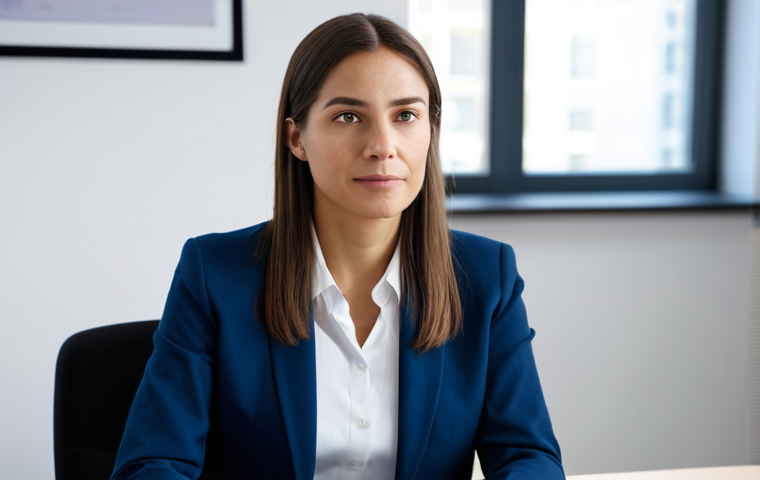 A professional woman, in a modest business suit, sits at a desk in a clean, modern office, engaged in a video conference. Her expression is attentive and thoughtful, with subtle natural hand gestures visible within the camera frame. The lighting is soft and professional, highlighting her engaged posture and well-formed hands. The background is blurred to maintain focus on the subject. safe for work, appropriate content, fully clothed, professional dress, perfect anatomy, correct proportions, natural pose, well-formed hands, proper finger count, natural body proportions, high-quality, professional photography, family-friendly.